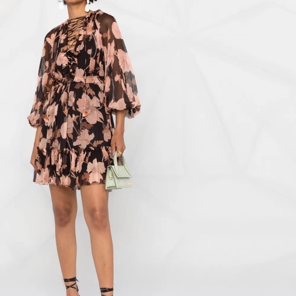 Zimmermann Concert Lace-Up Mini Dress Black Peonies - Designer size 2 (US 6-8) - Picture 1 of 14